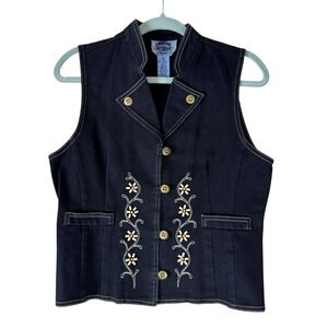Cambridge Dry Goods Black Denim Vest Women's Small Floral‎ Beaded Embroidered
